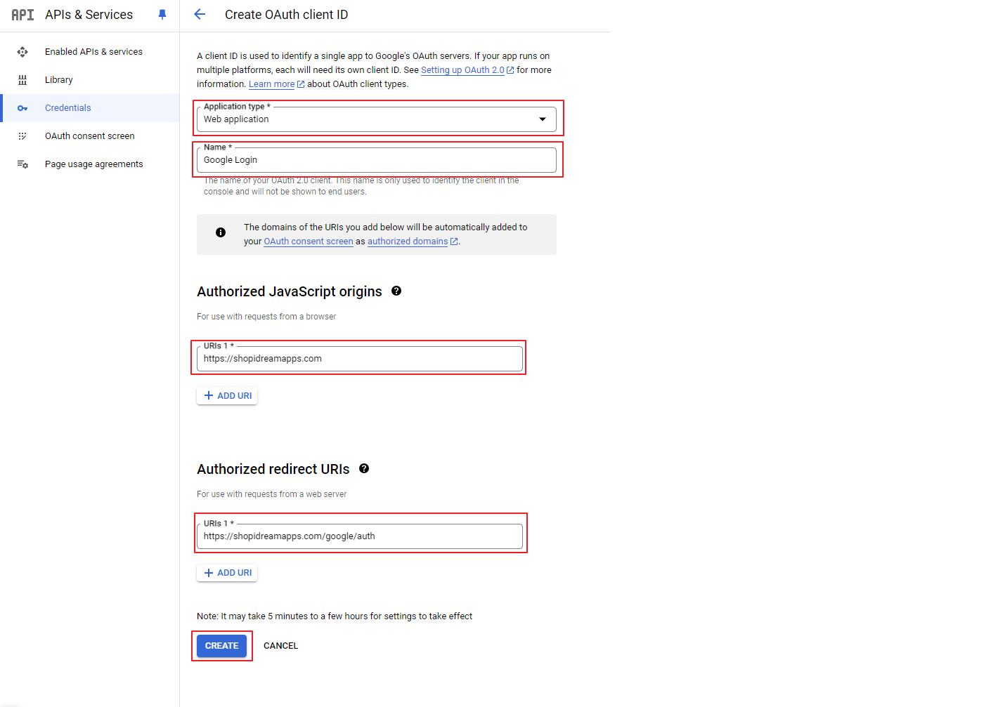 OAuth Client ID 생성 양식